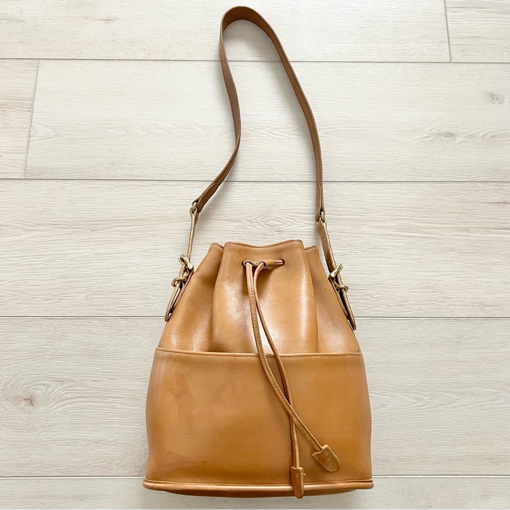 Tan Leather Bucket Bag with Drawstring Shoulder Strap